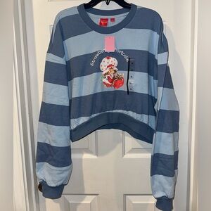 Strawberry Shortcake Graphic Blue Striped Cropped Crew Sweatshirt NWT Women’s XL